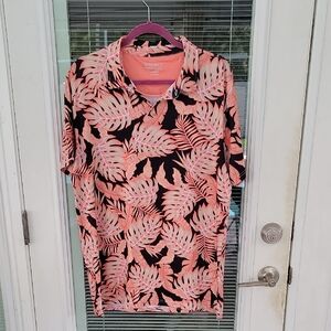 Departwest Royer Performance Polo In Black Coral Sz L Tropical Leaf Print